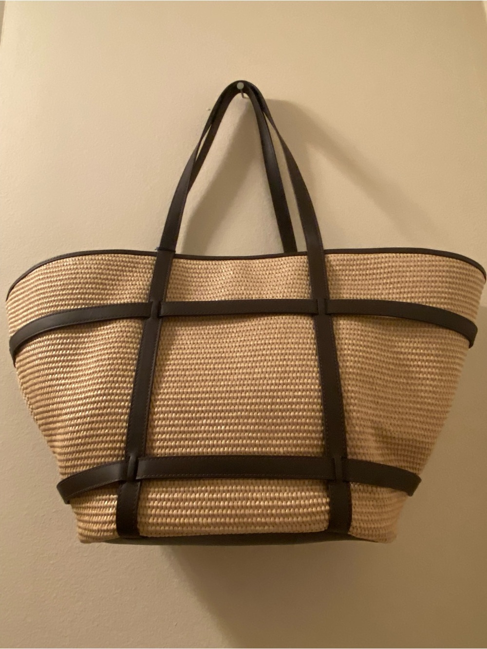 Cole Haan Natural Straw Tote with Dark Brown Trim and Straps